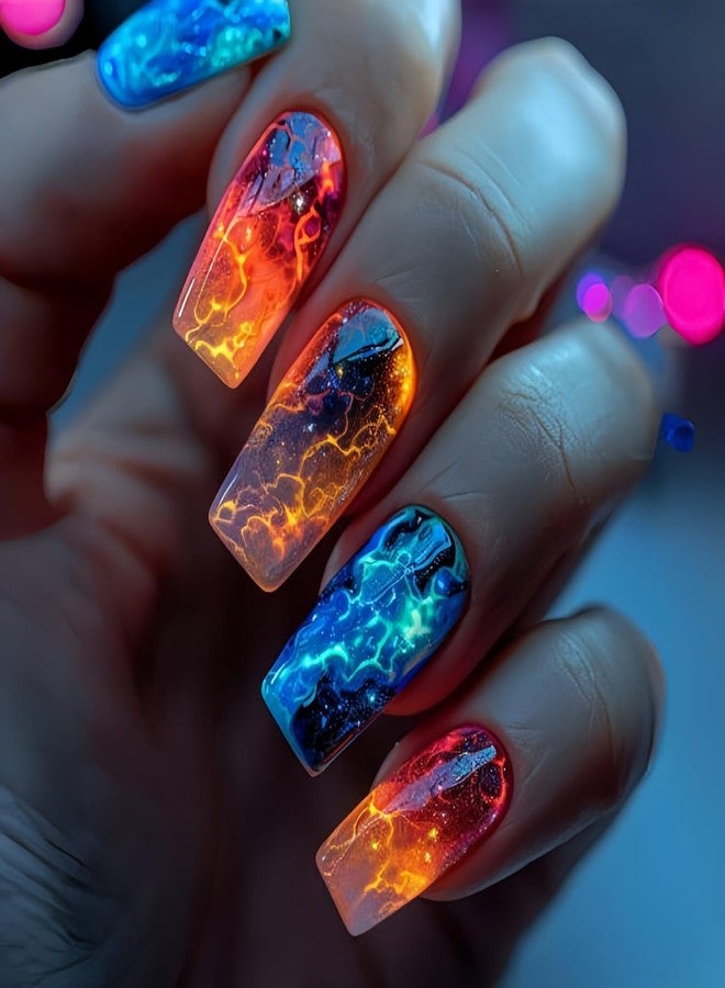 CJDLTS Press On Medium Square Aurora Red and Blue Lightning Design Nails - Full Cover Artificial Acrylic Coffin Nails - Reusable Glue On DIY Stick On for Women - 24Pcs - Image 1